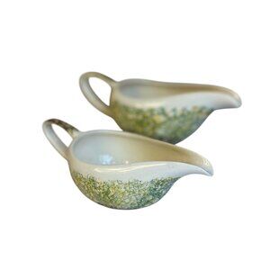 VERNON WARE Vtg Hawaiian Coral Sponged Edge Ceramic Gravy Boat Saucier Set